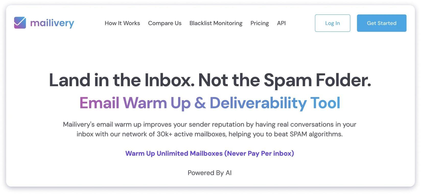 Mailivery is an AI-driven email warmup tool with a network of 30K+ peer-to-peer mailboxes.