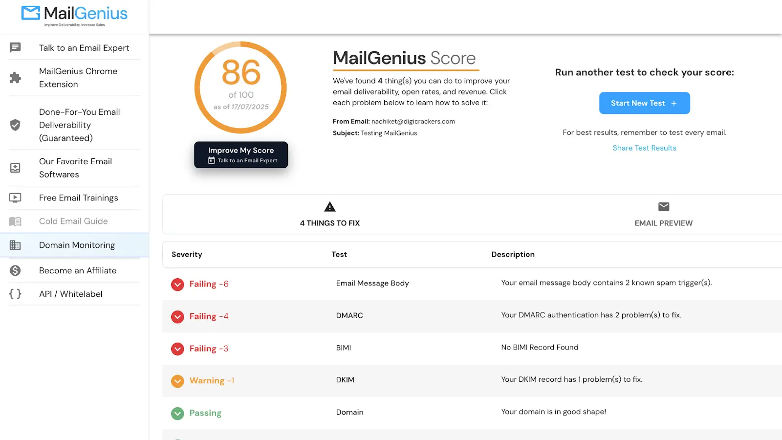 MailGenius is an email deliverability tool that helps you identify and fix issues before your emails are sent.