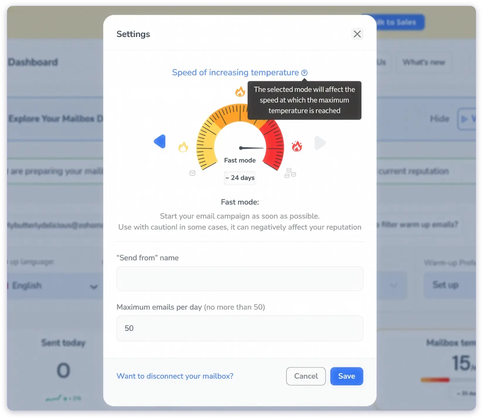 In Warmy.io, you can also customize how fast you want to warm up your email accounts and choose which ESPs you want to use for the process.