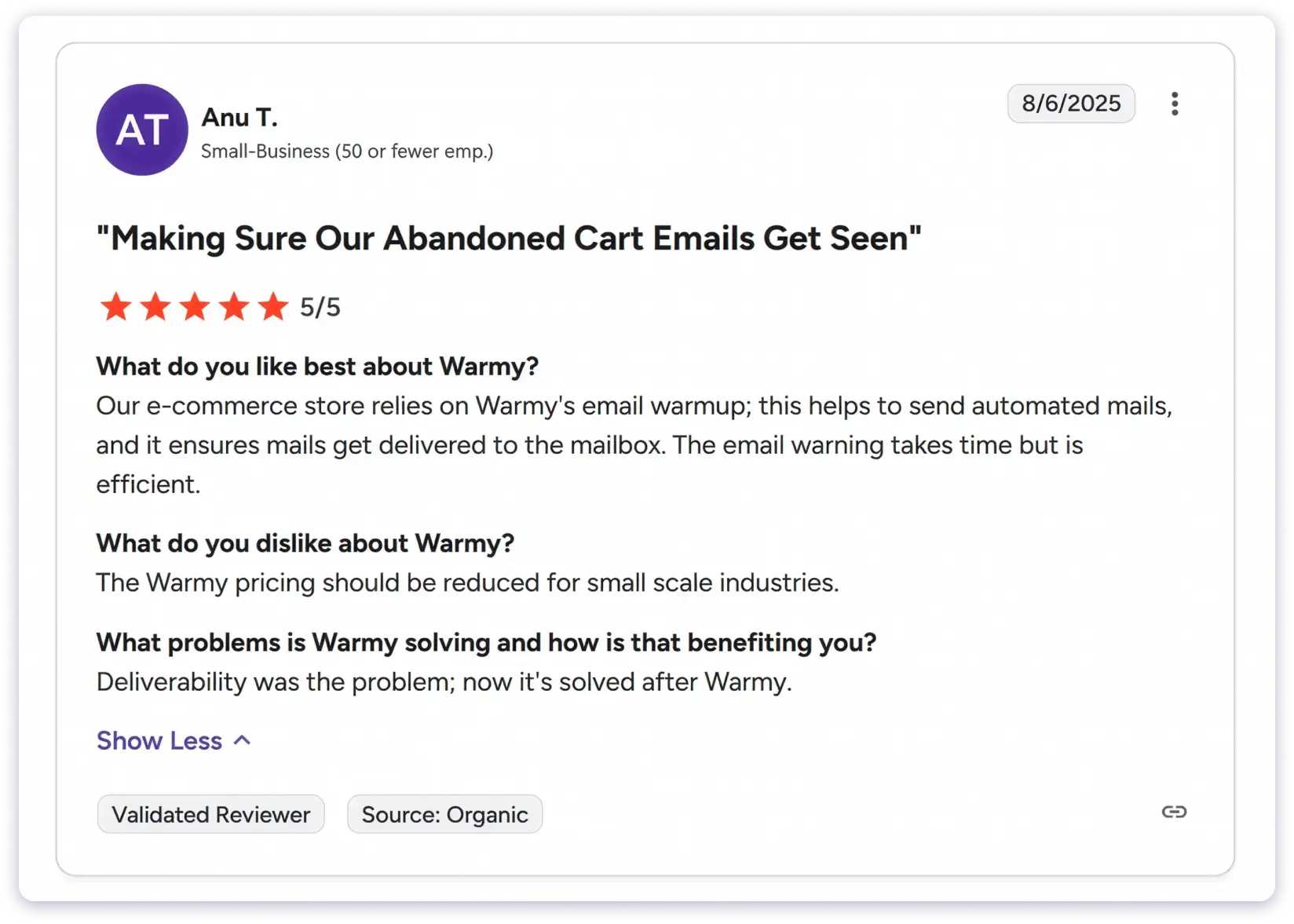 Warmy.io user saying that the tool does help boost deliverability, but it is expensive.