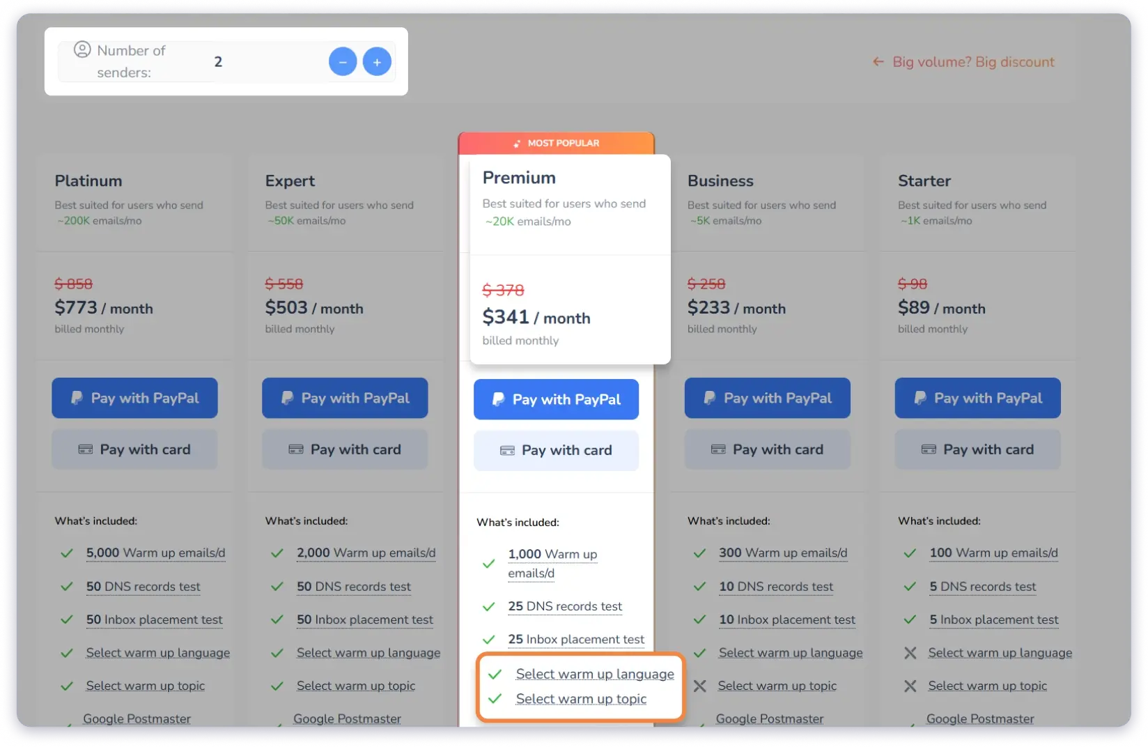 Warmy.io gives premium features like custom template warm up and specific language warm up. But it is available on in higher priced plans.