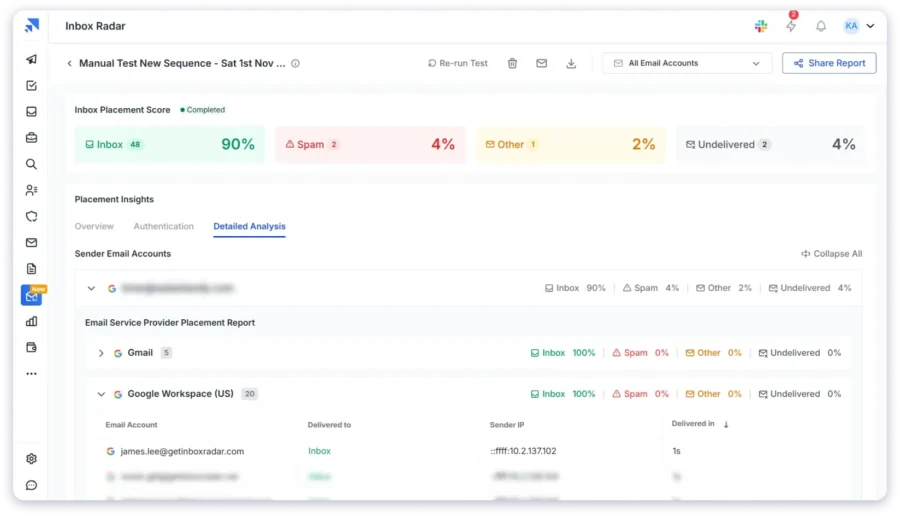 Inbox Radar helps check where your emails are landing, whether in the Inbox, Spam, Promotions tab or are undelivered.