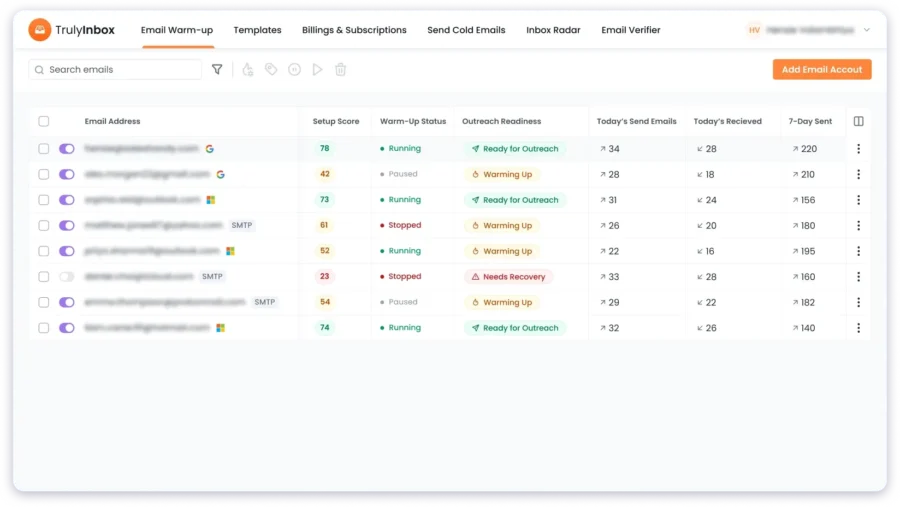 TrulyInbox Dashboard With Multiple accounts Warming Up