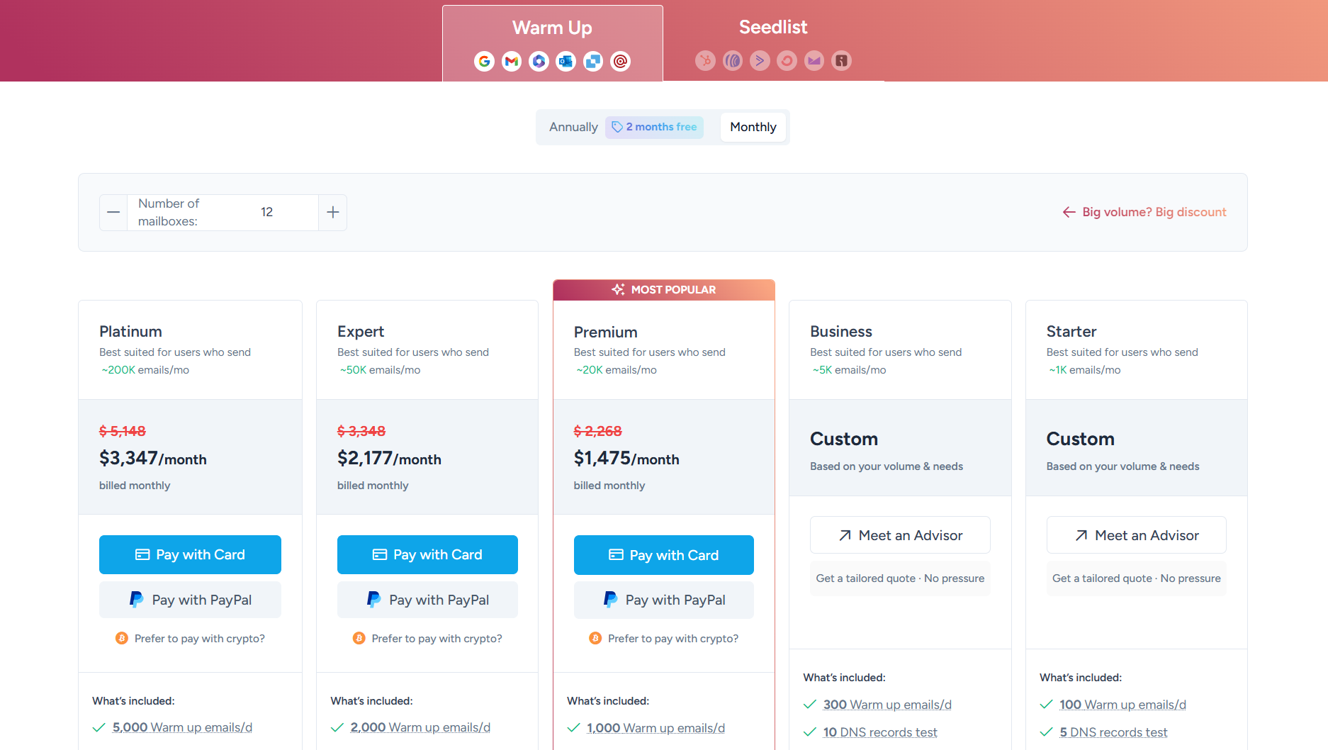 To connect and warm up 12 accounts, Warmy.io offers custom pricing in the new pricing structure.