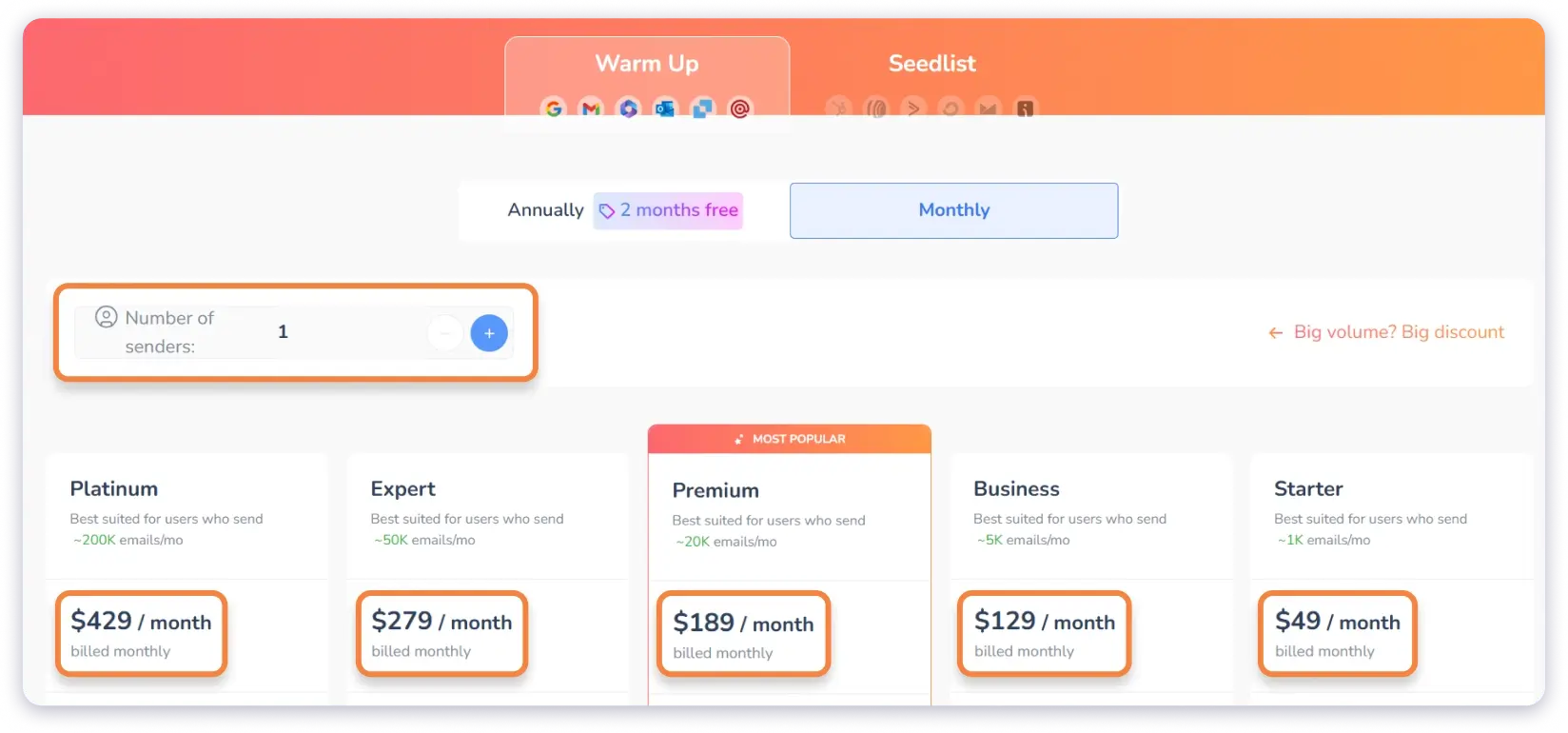 Cost to Connect 1 Email Account in Warmy
