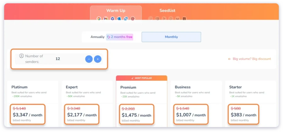 To connect and warm up 12 accounts, Warmy.io charges ,007/month.