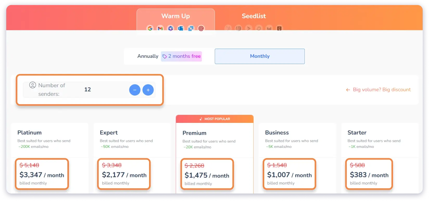 To connect and warm up 12 accounts, Warmy.io charges ,007/month with the business plan in the old pricing structure.