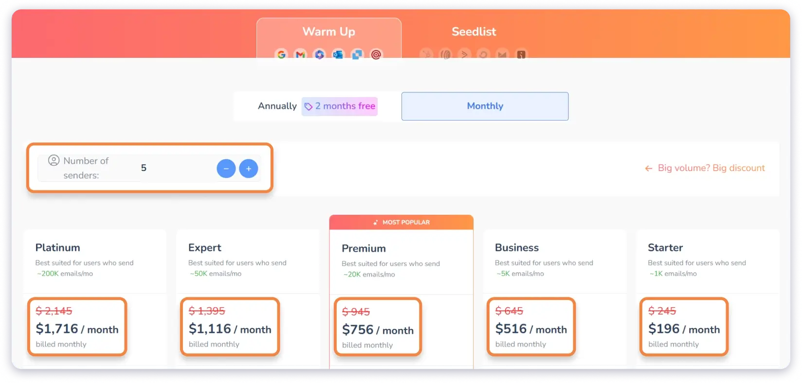 Cost to Connect 5 Email Accounts in Warmy