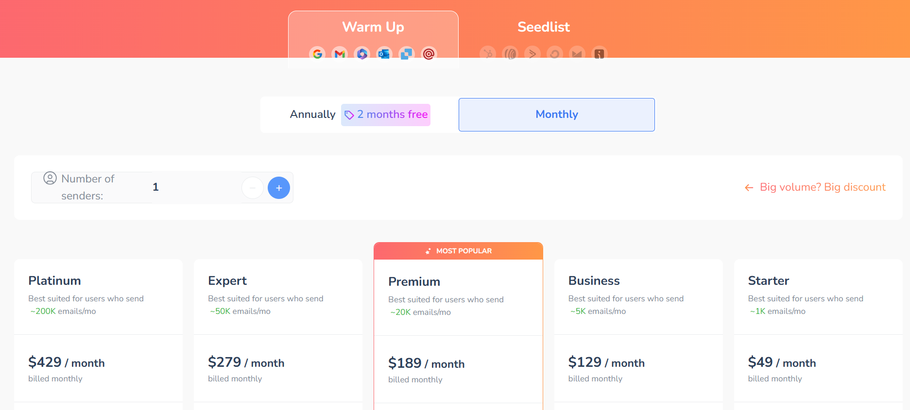 Warmy.io pricing plans for connecting 1 email account