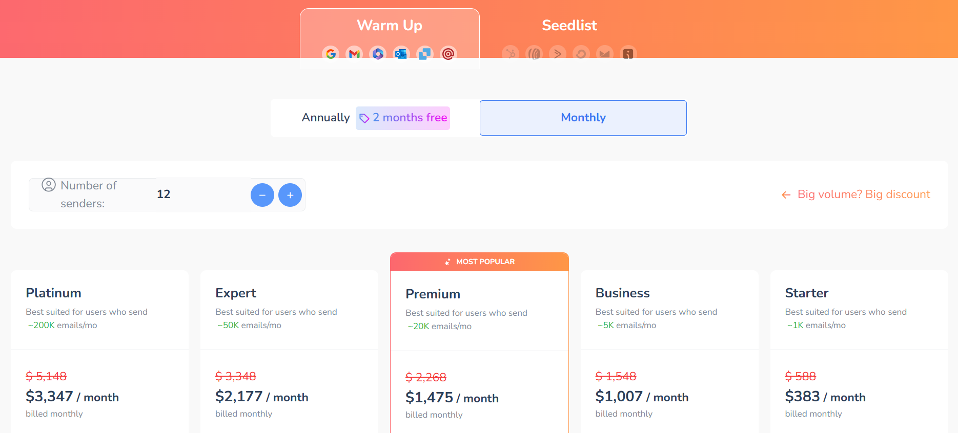 Warmy.io pricing plans for connecting 2 email account