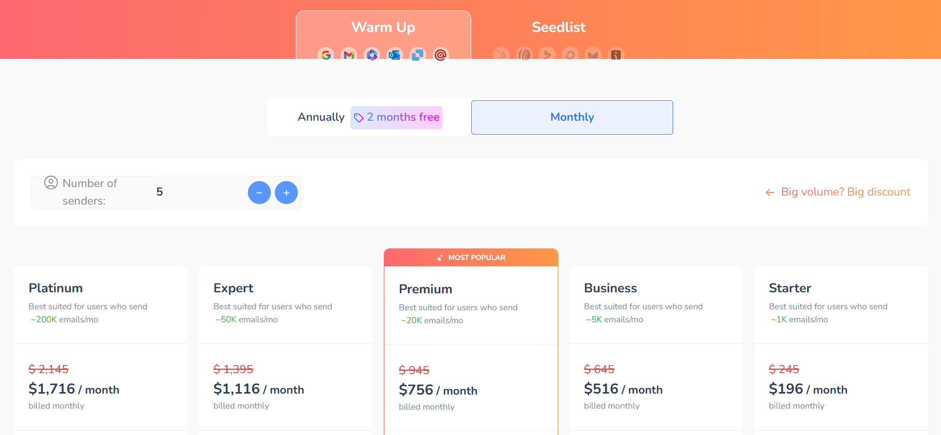 Warmy.io pricing plans for connecting 5 email account.