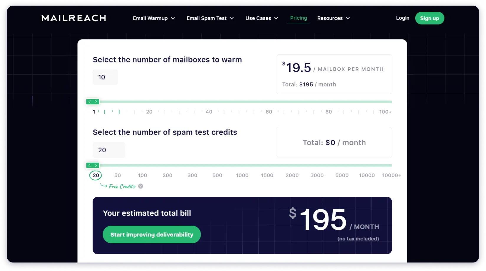 MailReach pricing page. It is an email warm up tool that charges you per inbox.