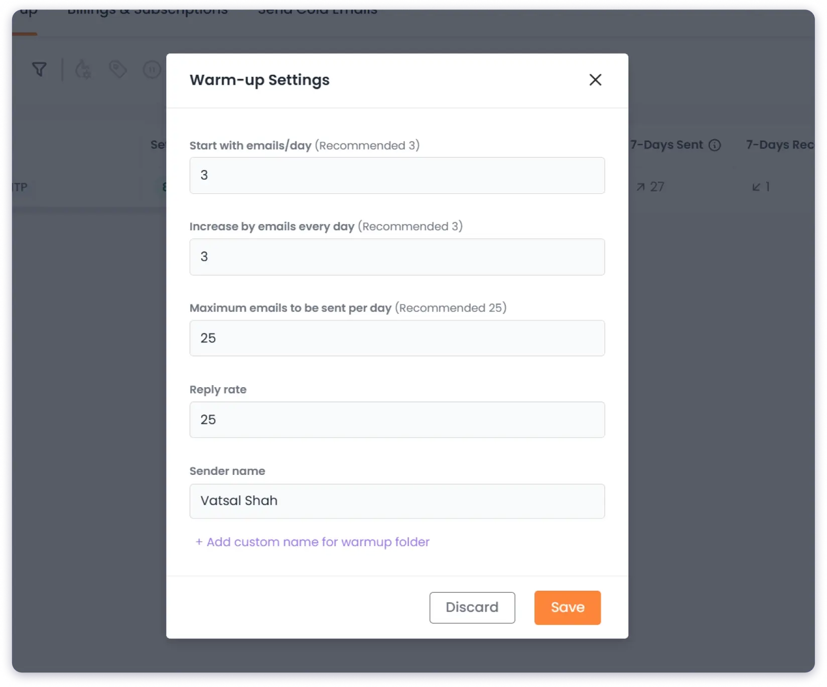 Warm-Up Settings in TrulyInbox that you can use to control how fast your email accounts get warmed up.