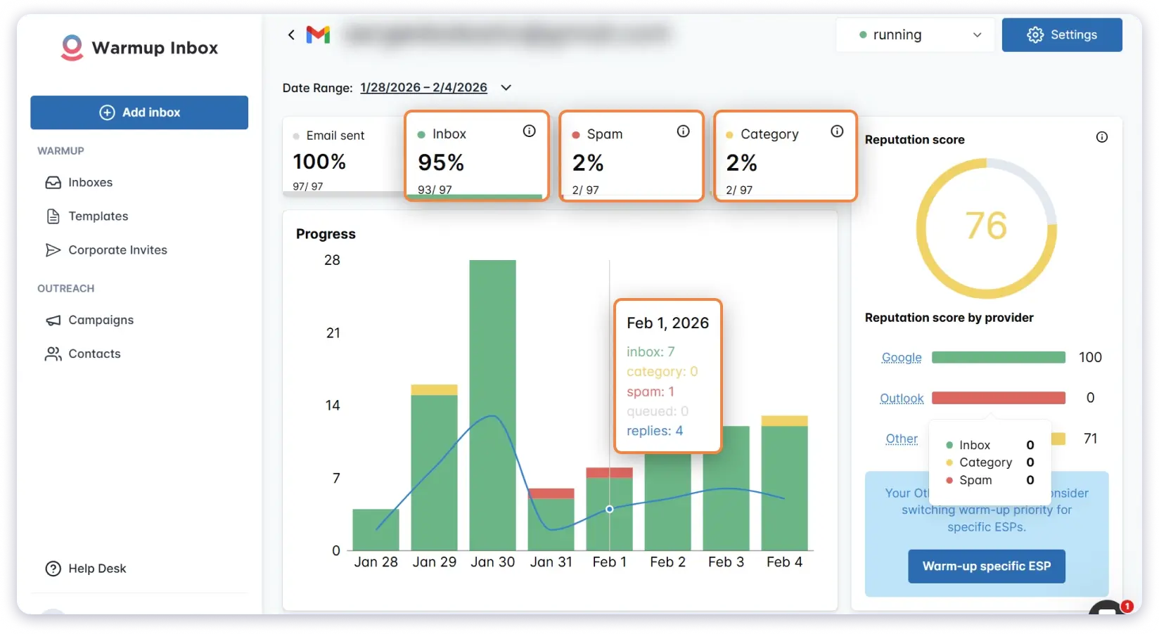 Warmup Inbox Reports Dashboard