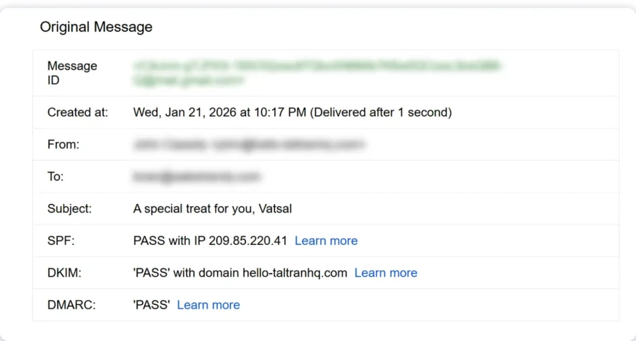 Original message on Gmail will show SPF, DKIM and DMARC as pass if records are set up correctly.