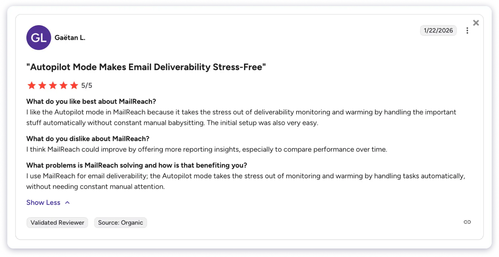 MailReach negative feedback points to pricing being high for smaller senders and limited reporting depth for tracking performance over time. (G2)