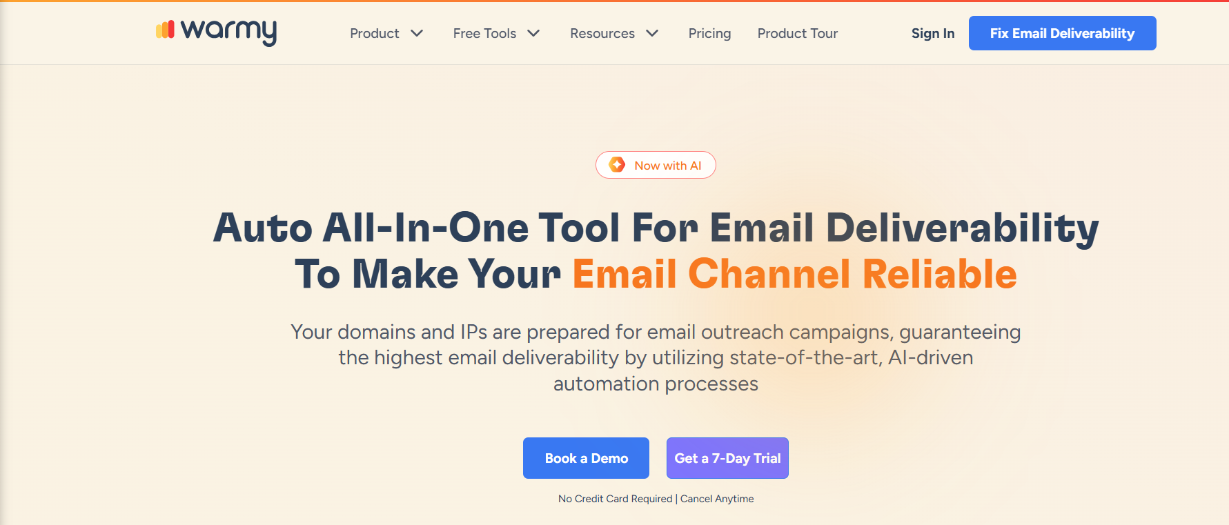 Warmy.io homepage showing its deliverability suite and warmup pools