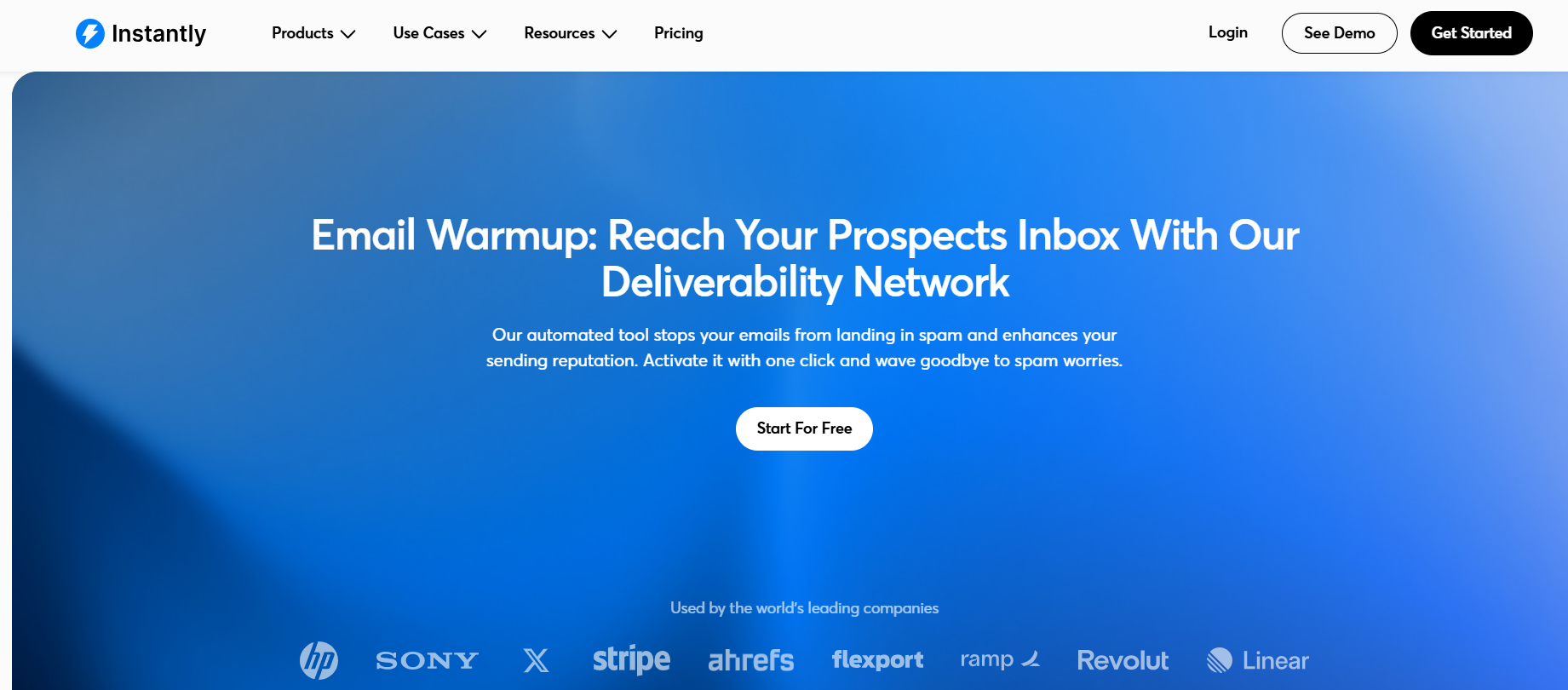 Instantly homepage showing its cold email sending platform with warmup included