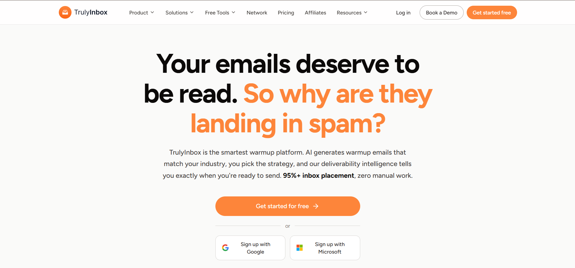 TrulyInbox homepage showing the email warmup and deliverability platform