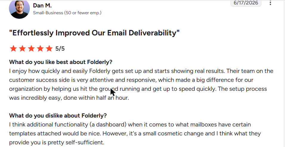 Folderly review on G2, rated 5 out of 5, 17 Jun 2026