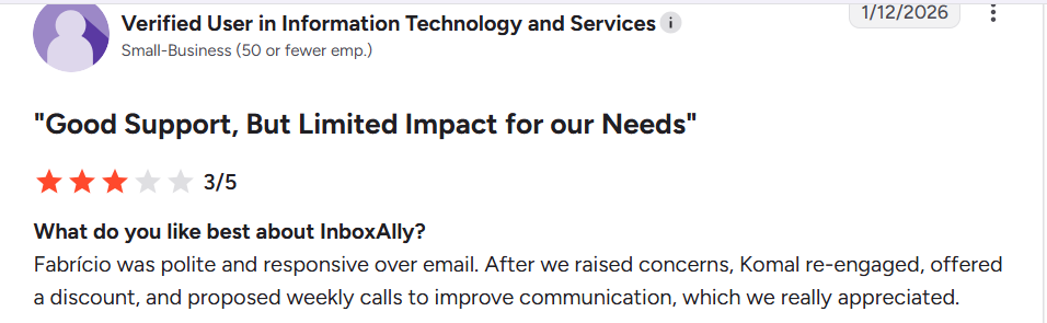 InboxAlly review on G2, rated 3 out of 5, 12 Jan 2026