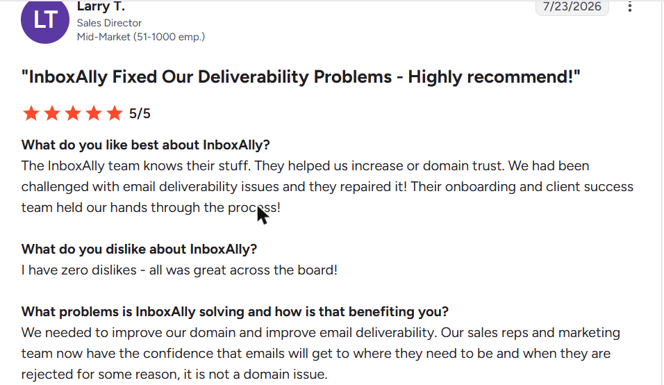 InboxAlly review on G2, rated 5 out of 5, 23 Jul 2026