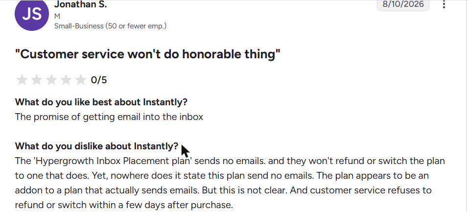 Instantly review on G2, rated 0.5 out of 5, 10 Aug 2026