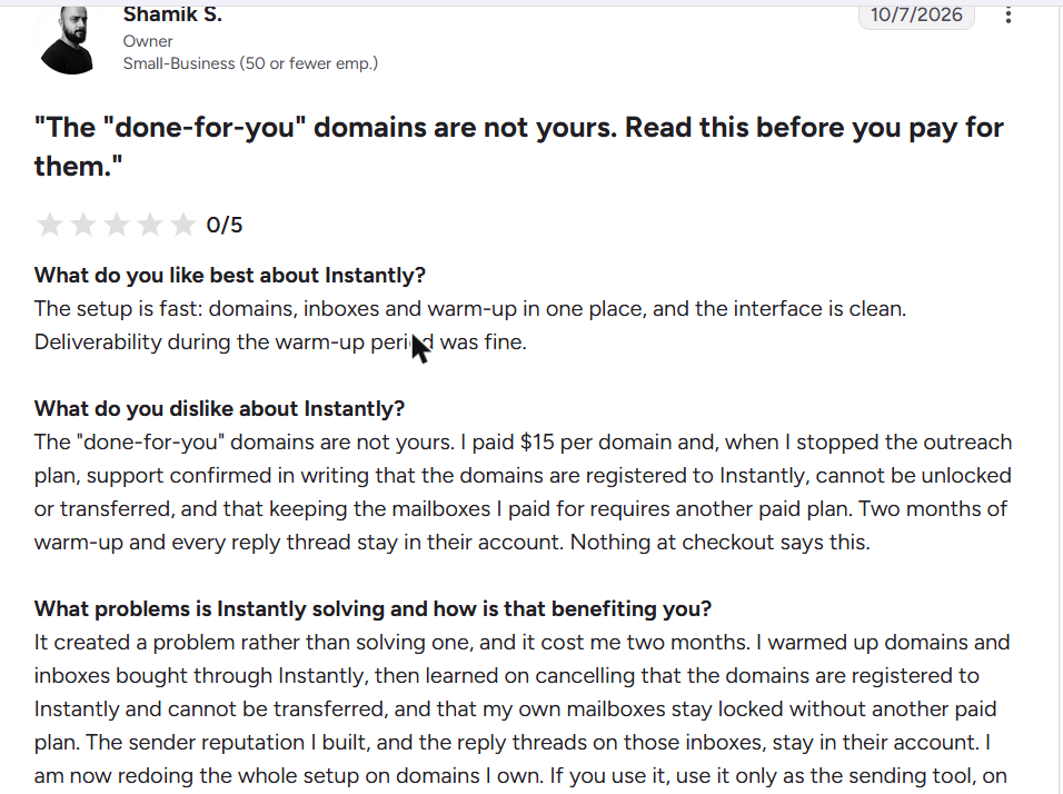 Instantly review on G2, rated 0.5 out of 5, 7 Oct 2026