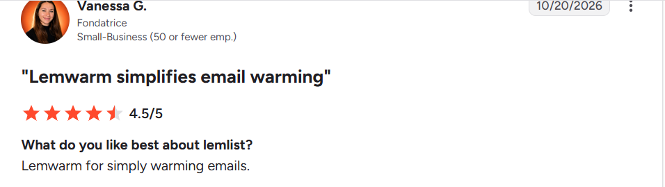 lemlist review on G2 covering Lemwarm, rated 4.5 out of 5, 20 Oct 2026