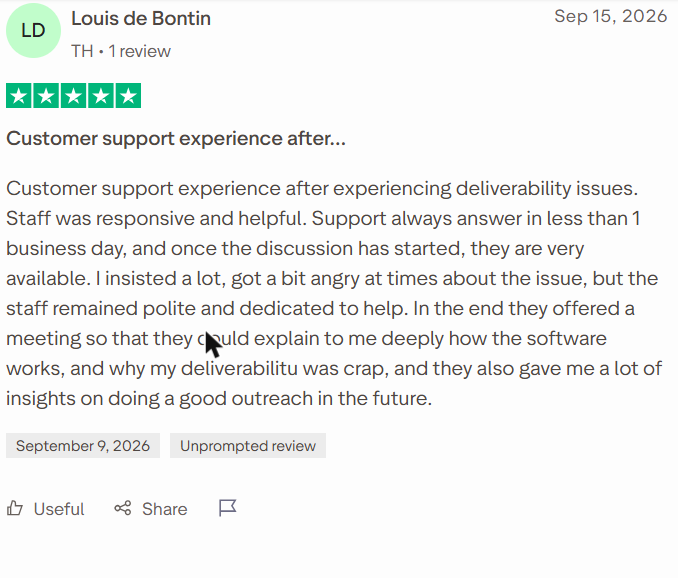 lemlist review on Trustpilot covering Lemwarm, rated 5 out of 5, 15 Sep 2026