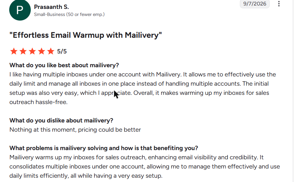 Mailivery review on G2, rated 5 out of 5, 7 Sep 2026