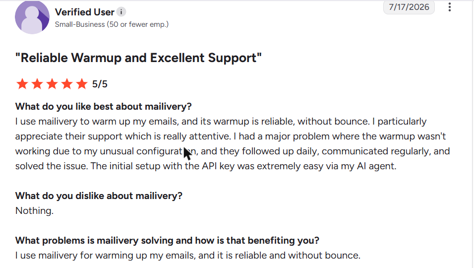 Mailivery review on G2, rated 5 out of 5, 17 Jul 2026