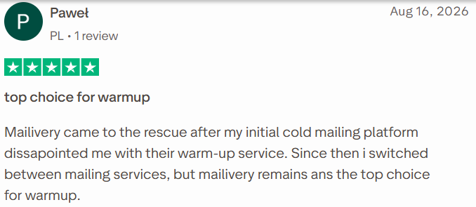 Mailivery review on Trustpilot, rated 5 out of 5, 16 Aug 2026