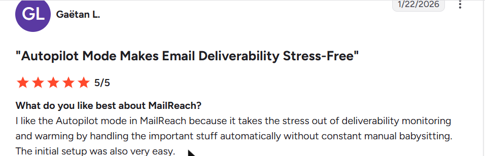 MailReach review on G2, rated 5 out of 5, 22 Jan 2026