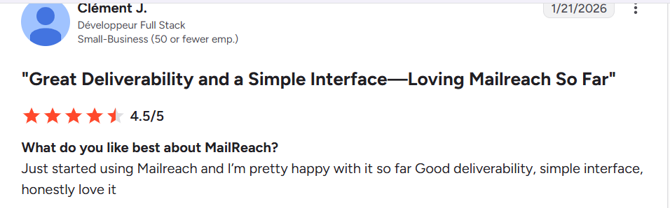 MailReach review on G2, rated 4.5 out of 5, 21 Jan 2026