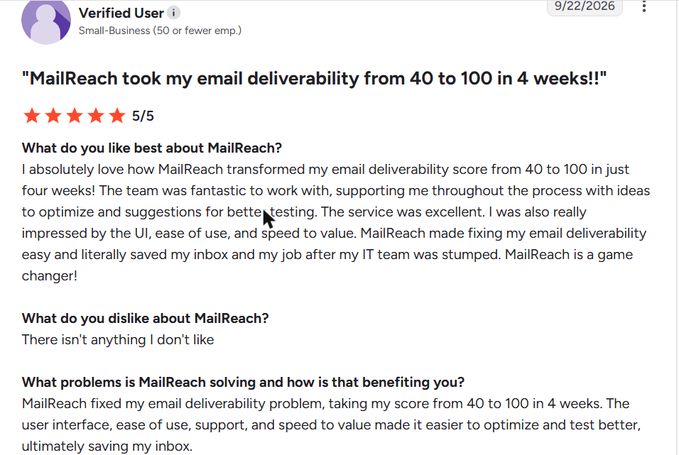 MailReach review on G2, rated 5 out of 5, 22 Sep 2026