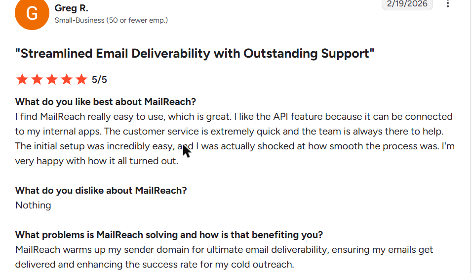 MailReach review on G2, rated 5 out of 5, 19 Feb 2026