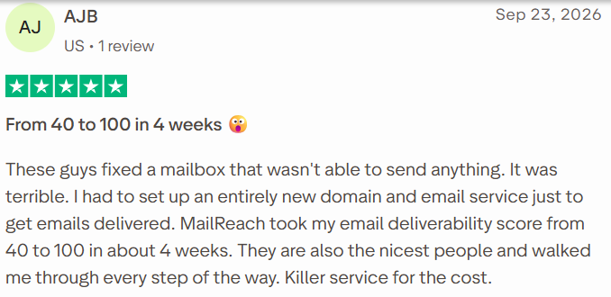 MailReach review on Trustpilot, rated 5 out of 5, 23 Sep 2026