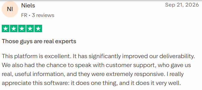 MailReach review on Trustpilot, rated 5 out of 5, 21 Sep 2026