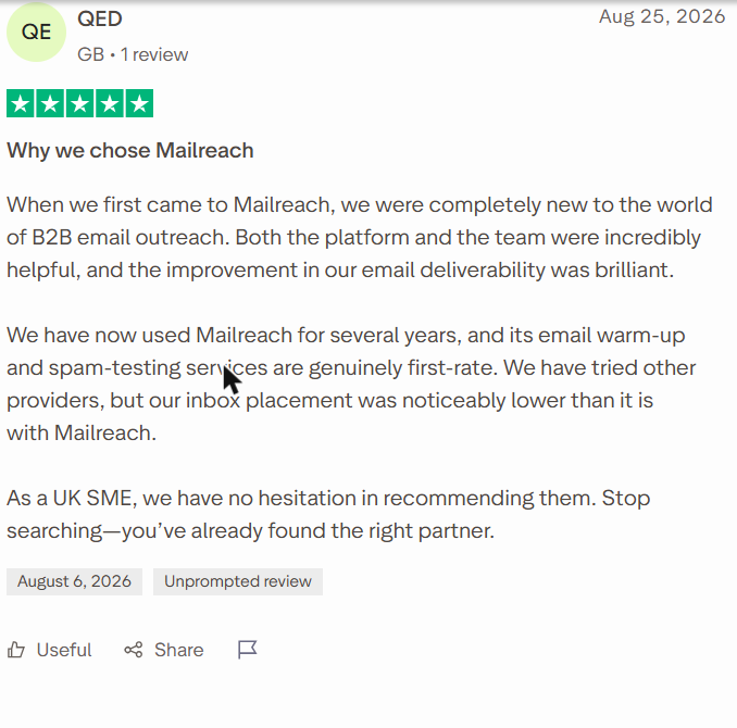 MailReach review on Trustpilot, rated 5 out of 5, 25 Aug 2026