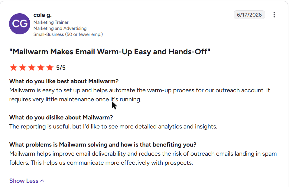 Mailwarm review on G2, rated 5 out of 5, 17 Jun 2026