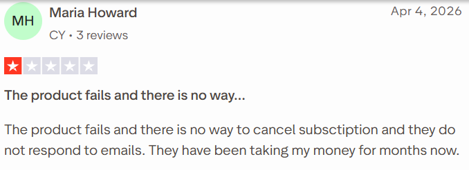 Mailwarm review on Trustpilot, rated 1 out of 5, 4 Apr 2026