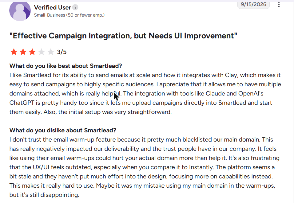 Smartlead review on G2, rated 3 out of 5, 15 Sep 2026