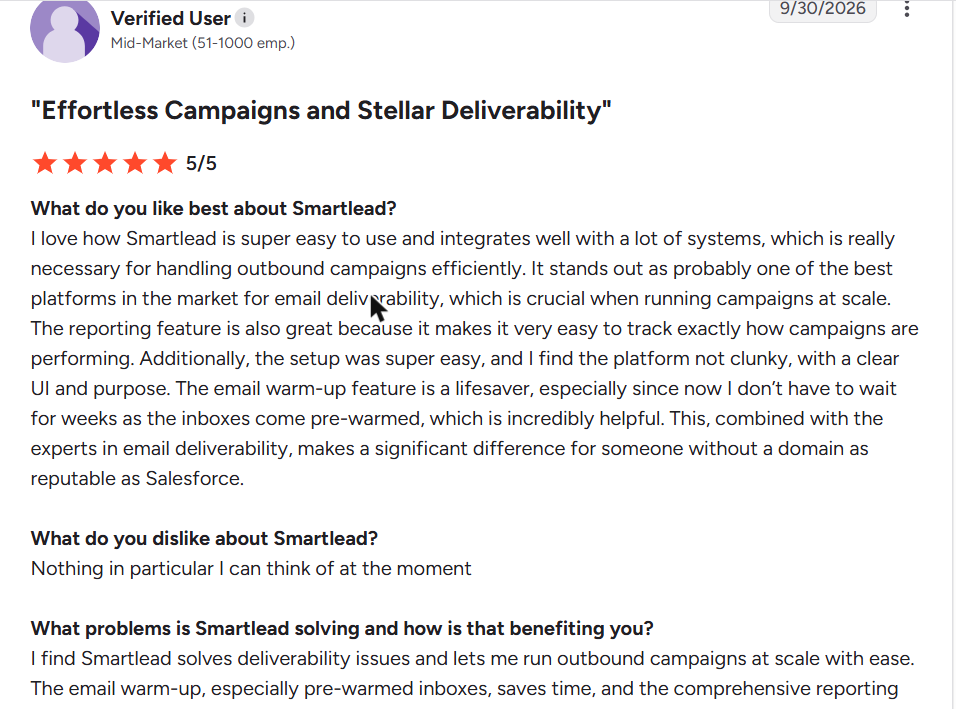 Smartlead review on G2, rated 5 out of 5, 30 Sep 2026