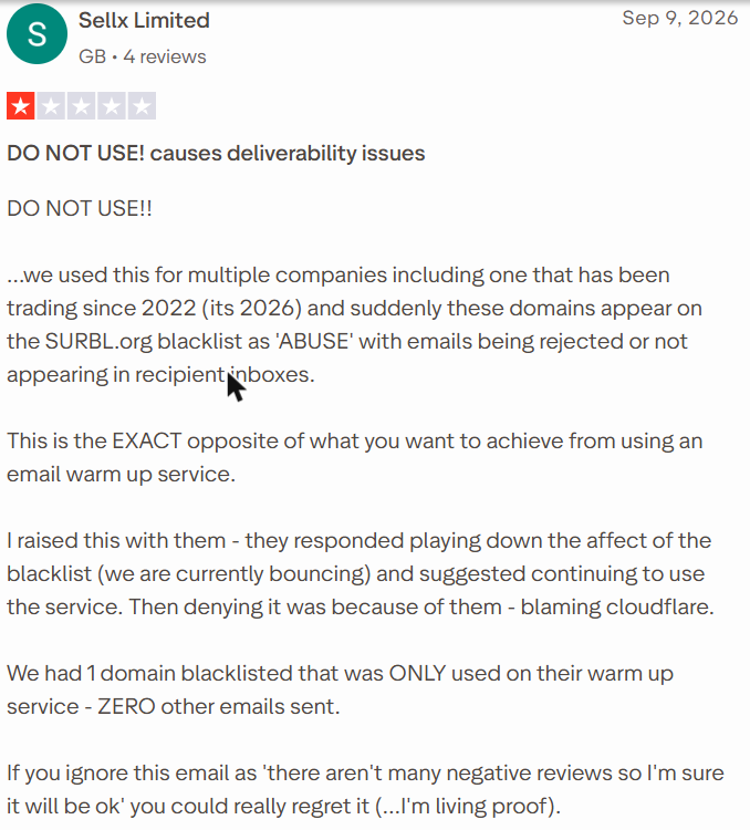 Smartlead review on Trustpilot, rated 1 out of 5, 9 Sep 2026
