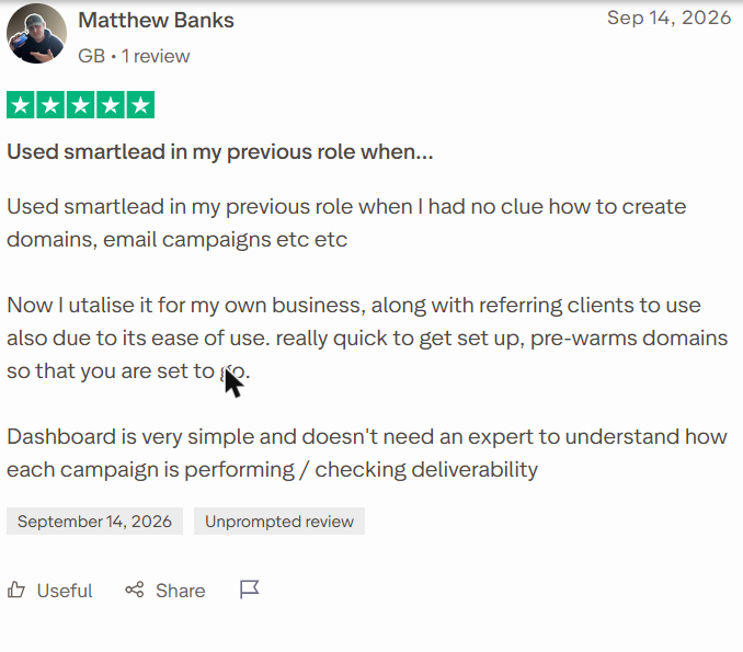 Smartlead review on Trustpilot, rated 5 out of 5, 14 Sep 2026
