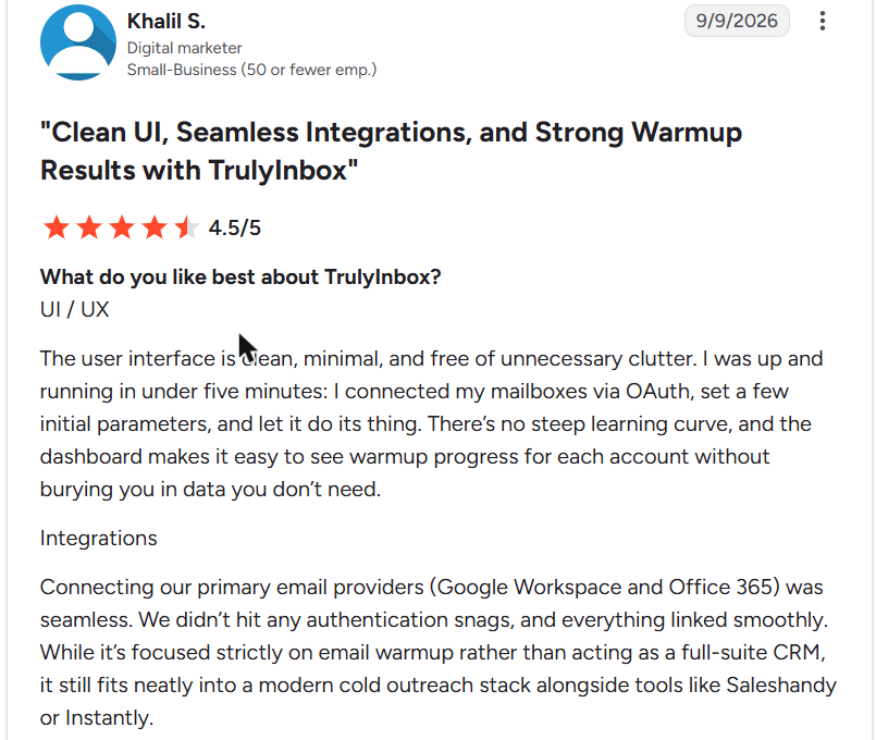 TrulyInbox review on G2, rated 4.5 out of 5, 9 Sep 2026