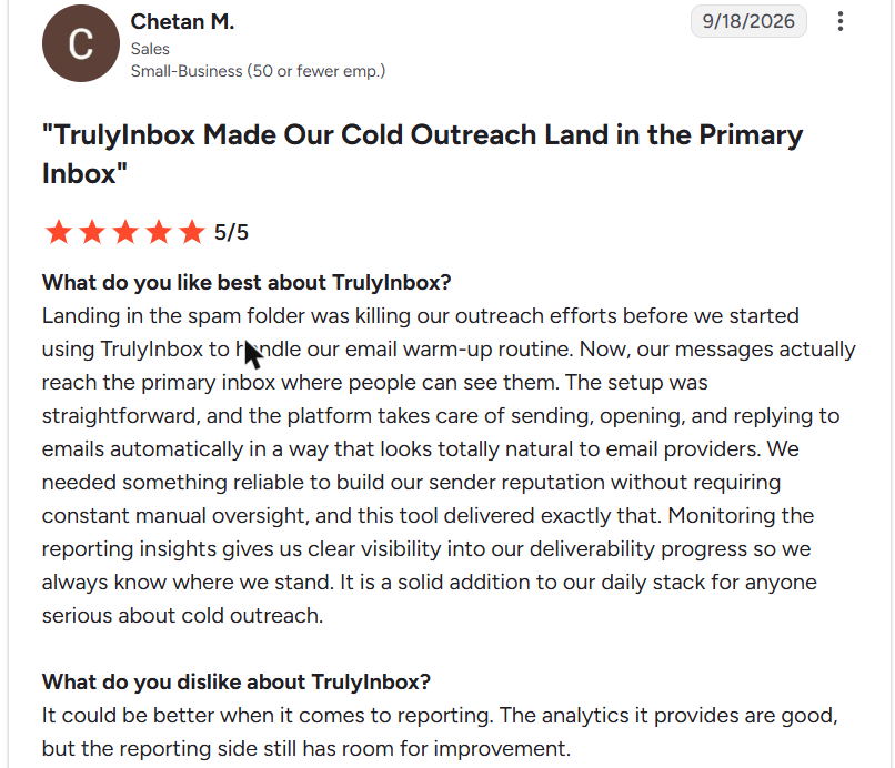 TrulyInbox review on G2, rated 5 out of 5, 18 Sep 2026