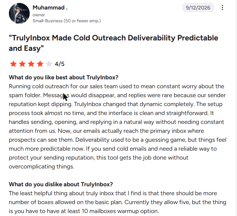 TrulyInbox review on G2, rated 4 out of 5, 12 Sep 2026