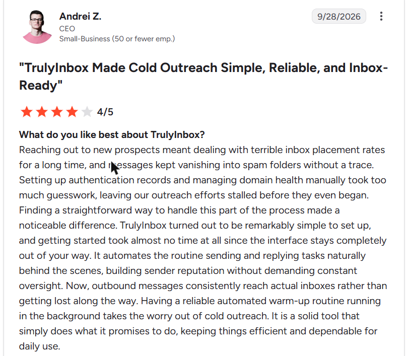 TrulyInbox review on G2, rated 4 out of 5, 28 Sep 2026